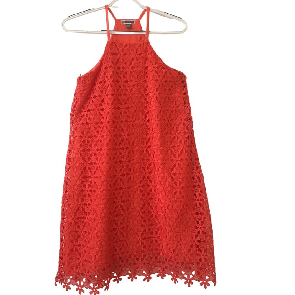 Chelsea28 XS Hot Coral Floral Crochet Halter Dress Lined Straps Taken Up